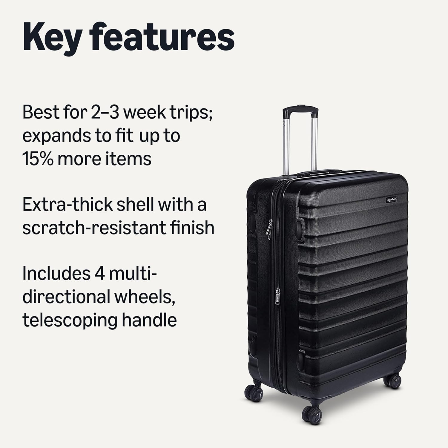 Amazon Basics 30" Hardside Large Checked Luggage, Hardshell Suitcase With Four Multi-directional Wheels, Expandable For Up to 15% More Space, Scratch-Resistant Shell, Black - Image 2